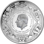 Silver coin with a portrait and engraved text, featuring various monarchs' names.