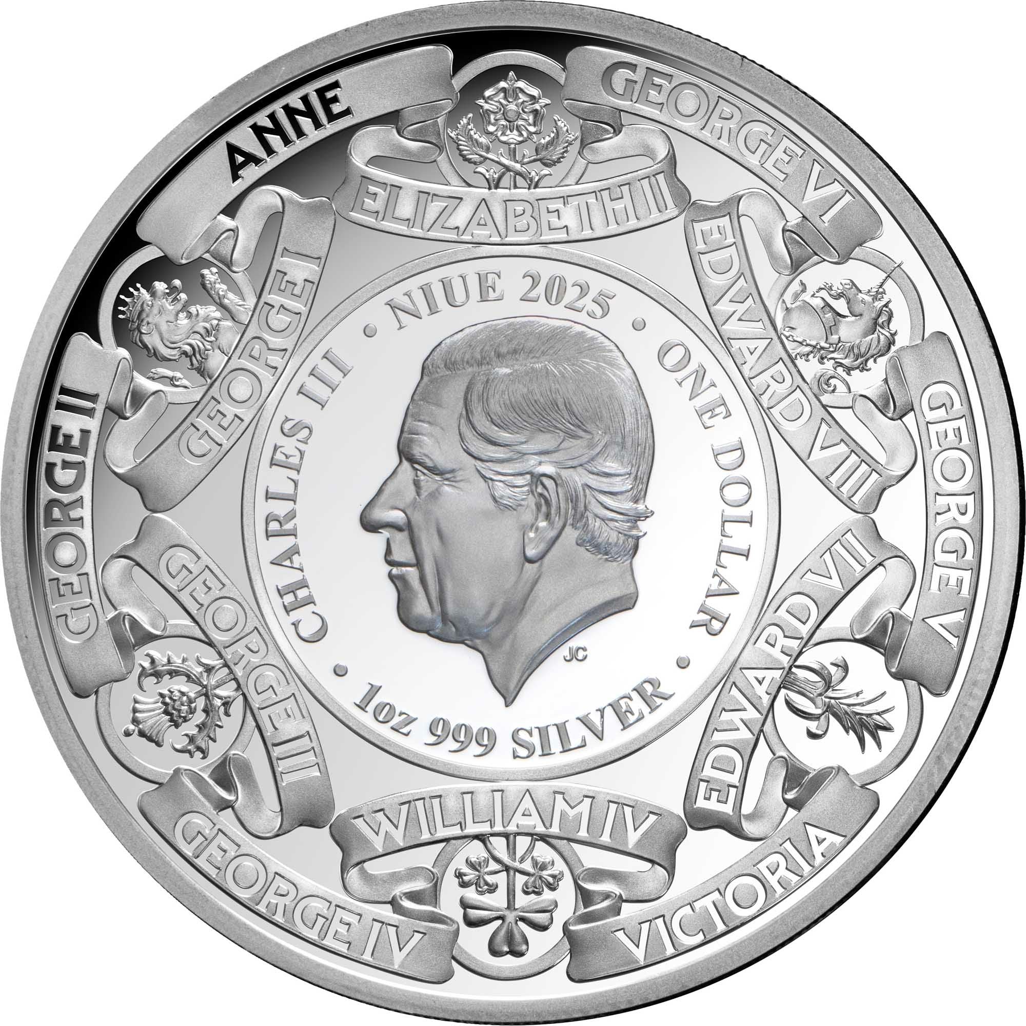 Silver coin with a portrait and engraved text, featuring various monarchs' names.