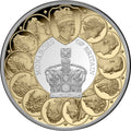 Circular coin with portraits of monarchs and a central crown design, featuring gold and silver colors.