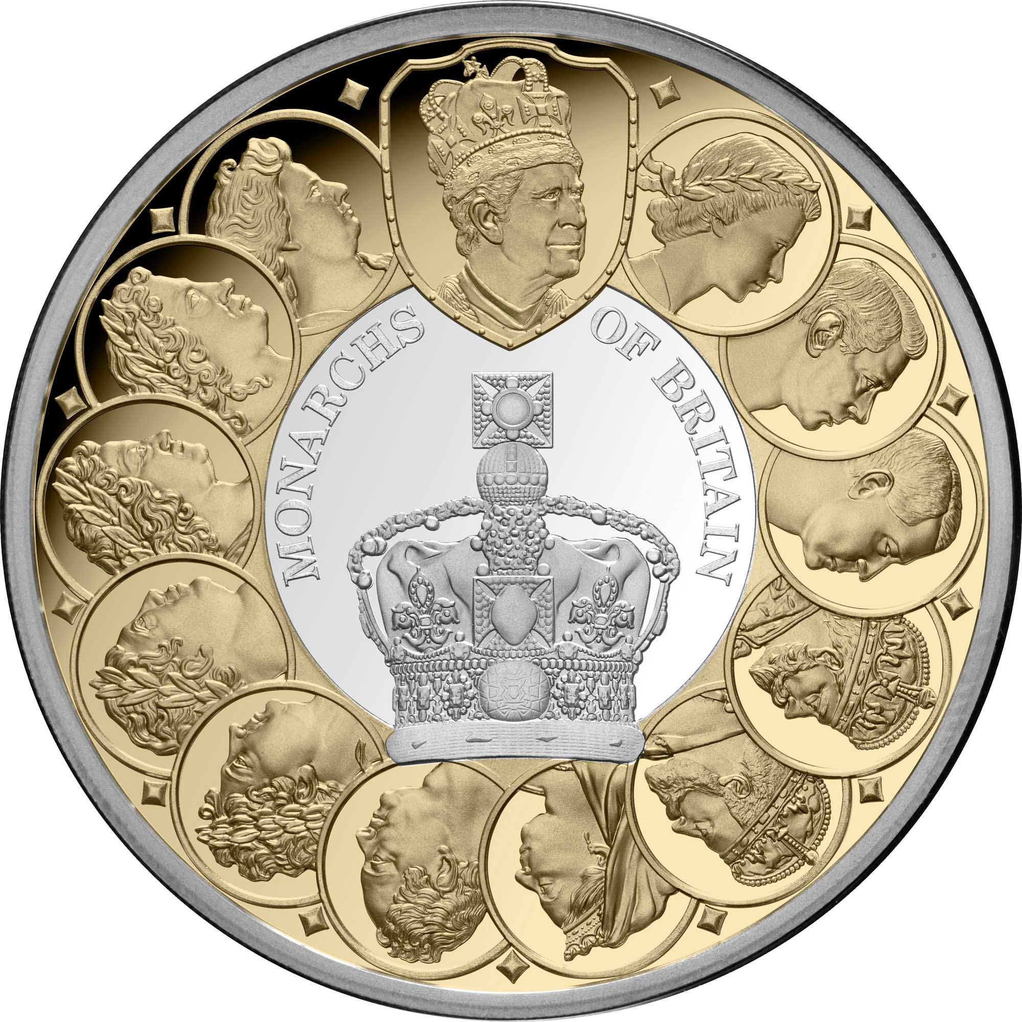 Circular coin with portraits of monarchs and a central crown design, featuring gold and silver colors.