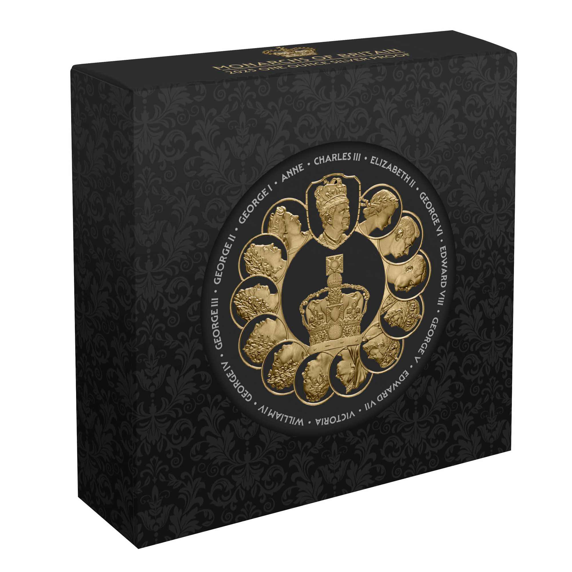 Black box with gold emblem and text on a white background