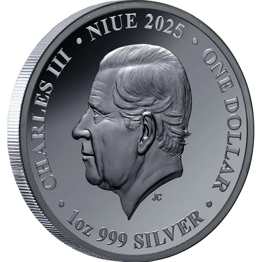 Silver coin with a portrait of a monarch and text indicating year, denomination, and weight.