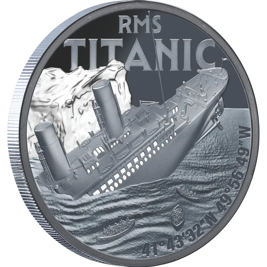 Coin featuring the RMS Titanic with detailed design on a white background