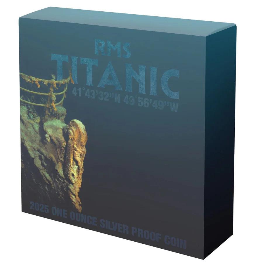 Box for RMS Titanic silver proof coin with shipwreck image on a blue background