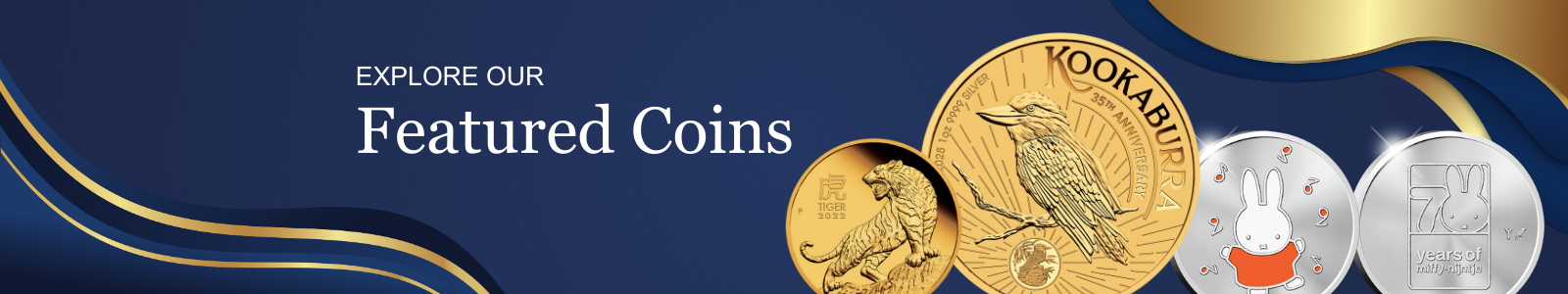 Promotional banner for Heritage Straits Coins' Featured Coin collection, with gold and silver on a red background.