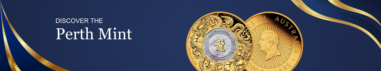 Promotional banner for Heritage Straits Coins' Perth Mint collection, featuring two gold coins with a dragon and pearl design on a blue background with decorative elements.