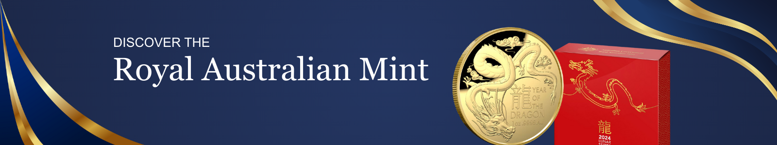 Promotional banner for Heritage Straits Coins' Royal Australian Mint collection, featuring a gold lunar dragon coin and red box with a golden dragon on a blue background.