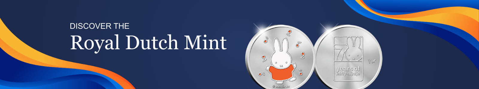 Promotional banner for Heritage Straits Coins' Royal Dutch Mint collection, featuring two silver coins with a Miffy design on a blue and orange background.