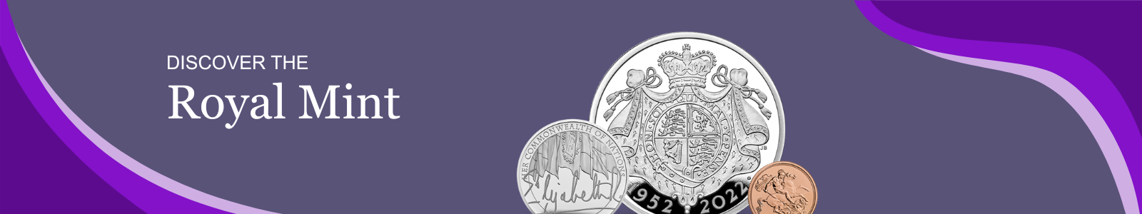 Promotional banner for Heritage Straits Coins' Royal Mint collection, featuring coins on a purple background.