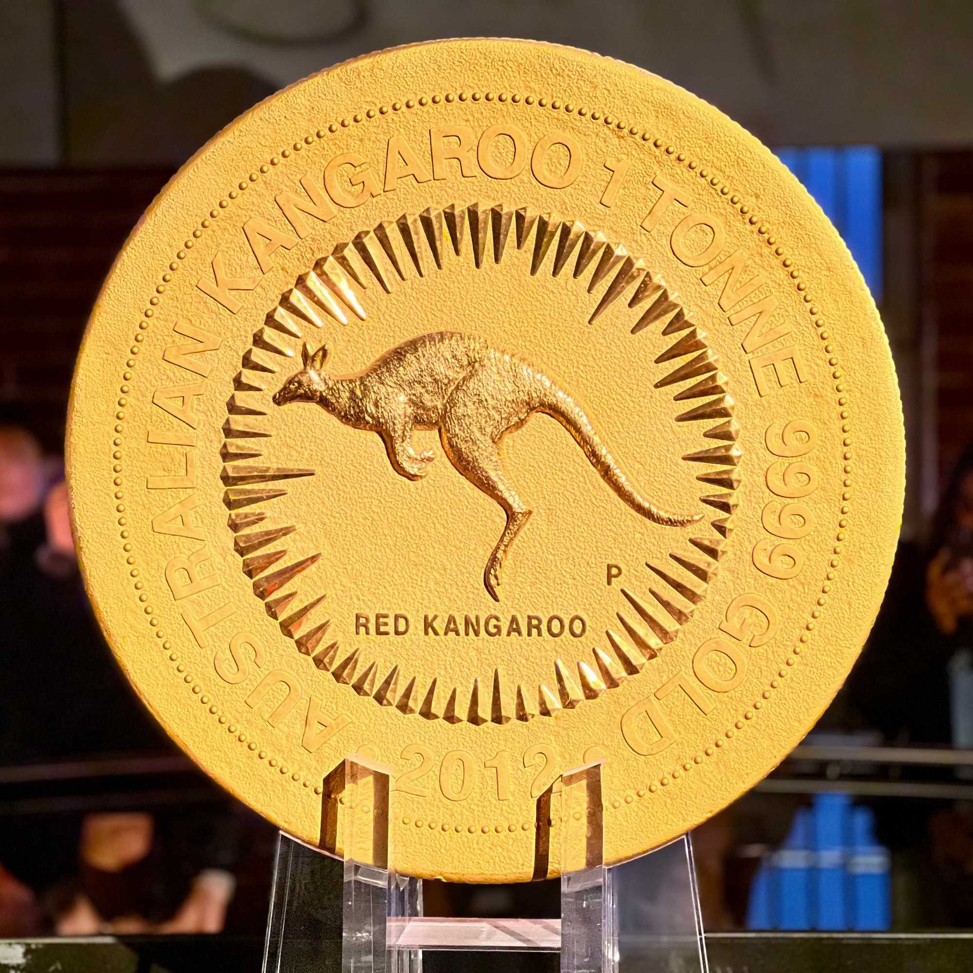 The Perth Mint one tonne gold coin with a kangaroo design on a stand