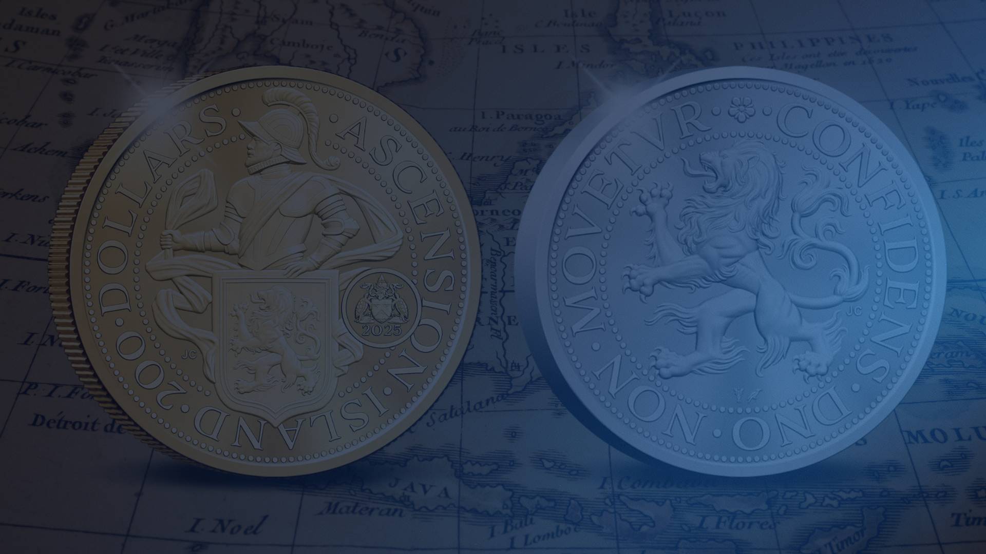 Heritage Straits Coins banner featuring two coins, one gold and one silver, on a map background