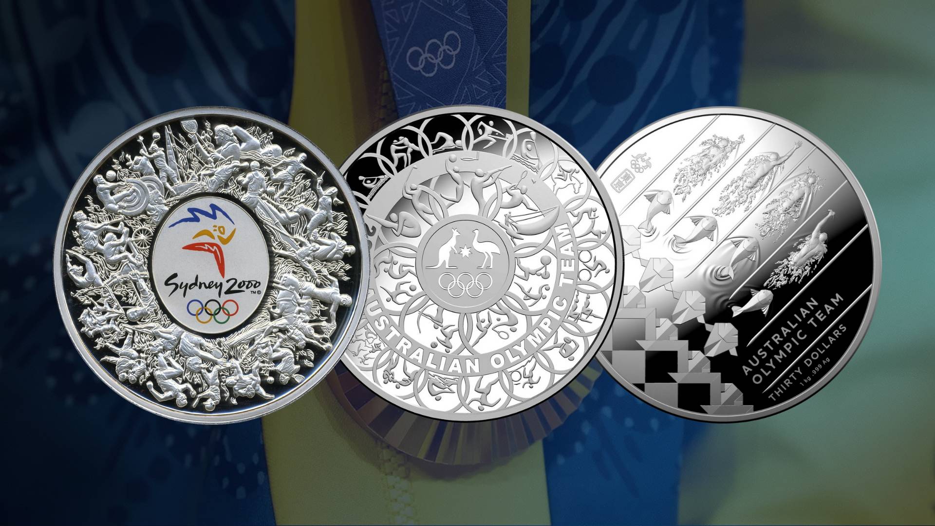 Heritage Straits Coins three silver coins with Olympic-themed designs on a blue and green gradient background.