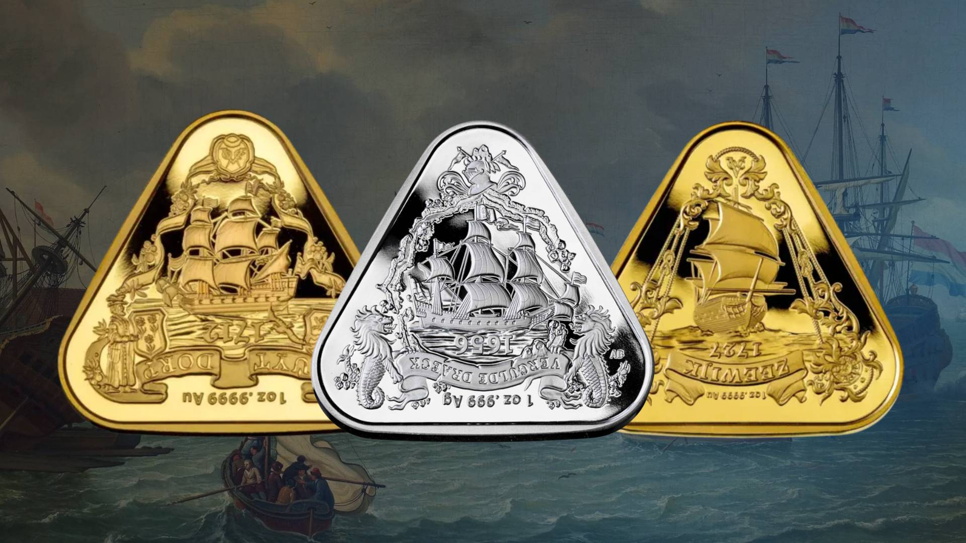 Heritage Straits Coins three triangular coins in gold, silver, and gold, featuring intricate designs on a ship and ocean background.