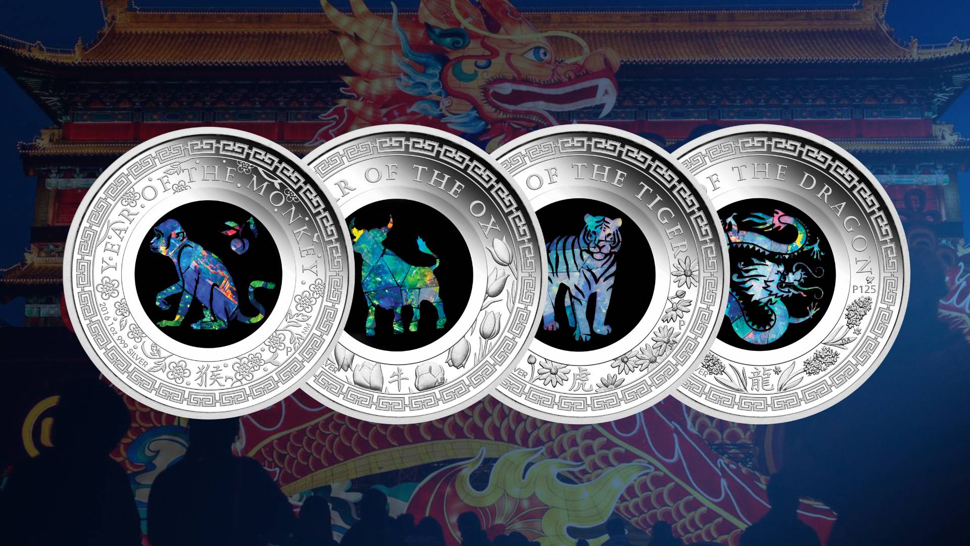Heritage Straits Coins four silver coins with colourful animal designs on a decorative background