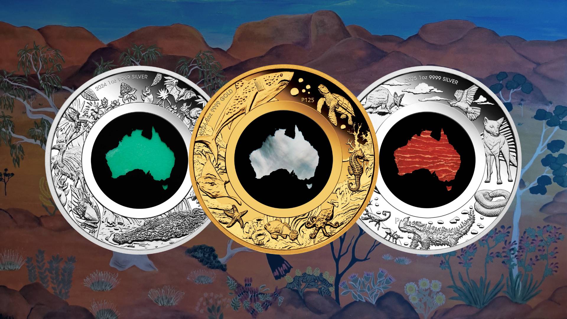 Heritage Straits Coins three coins with Australia map design on a scenic background