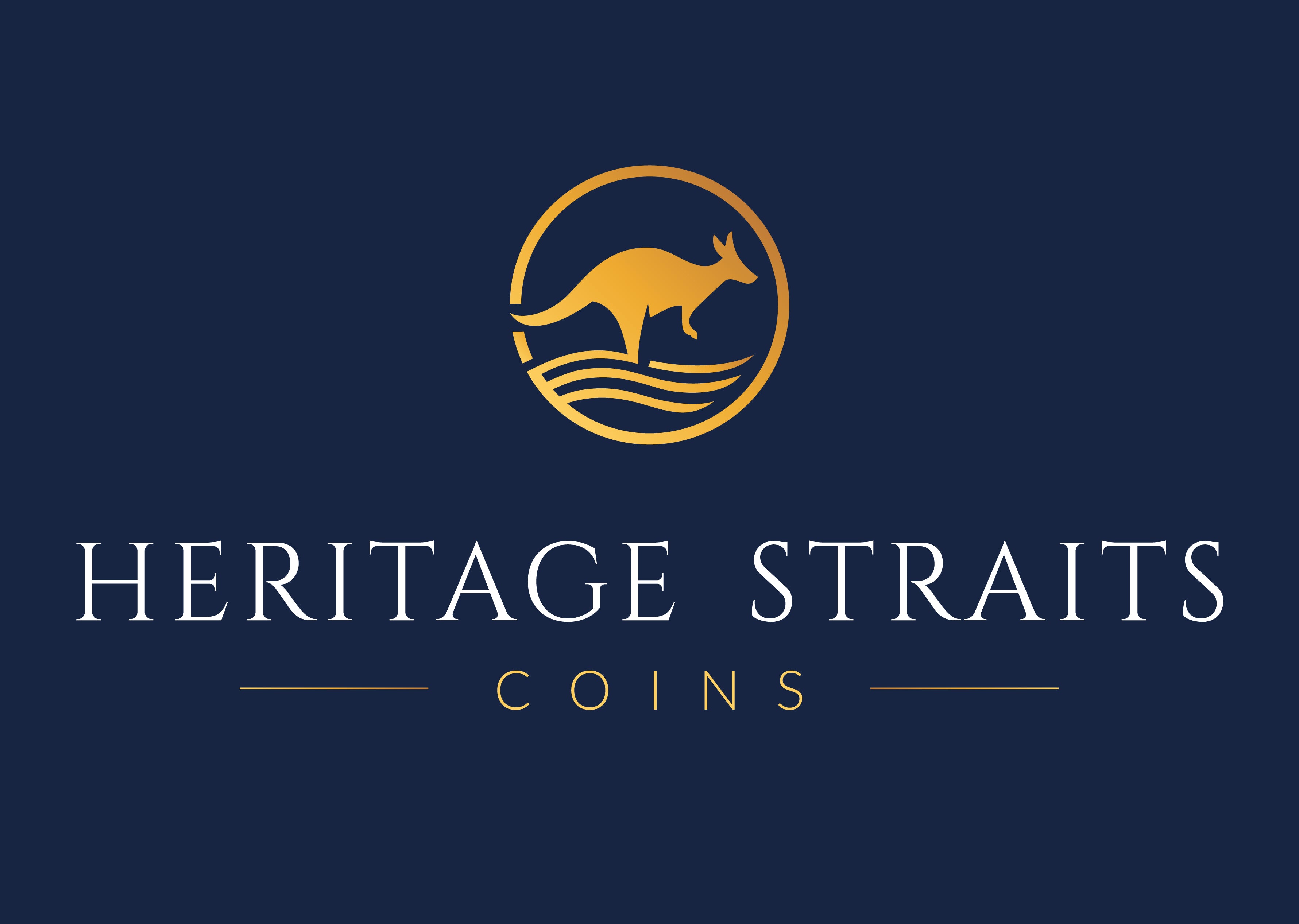 Logo of Heritage Straits Coins on a navy blue background, with 'Heritage Straits' in white and 'Coins' in yellow