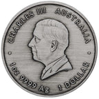 Silver coin with a profile of a person and text around it