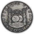 Silver coin with intricate design and text, featuring a coat of arms and year 2025.
