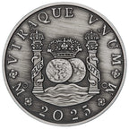 Silver coin with intricate design and text, featuring a coat of arms and year 2025.