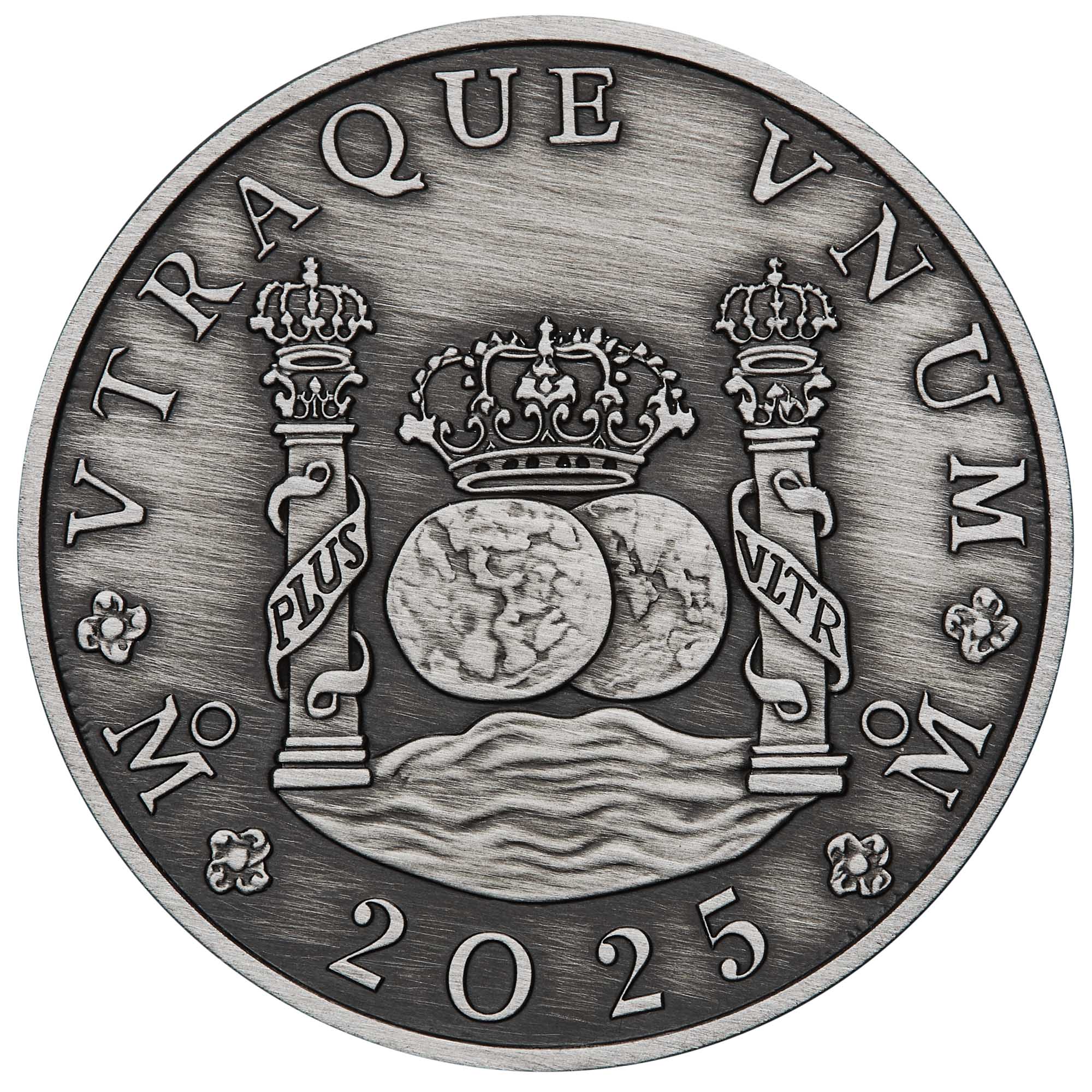 Silver coin with intricate design and text, featuring a coat of arms and year 2025.