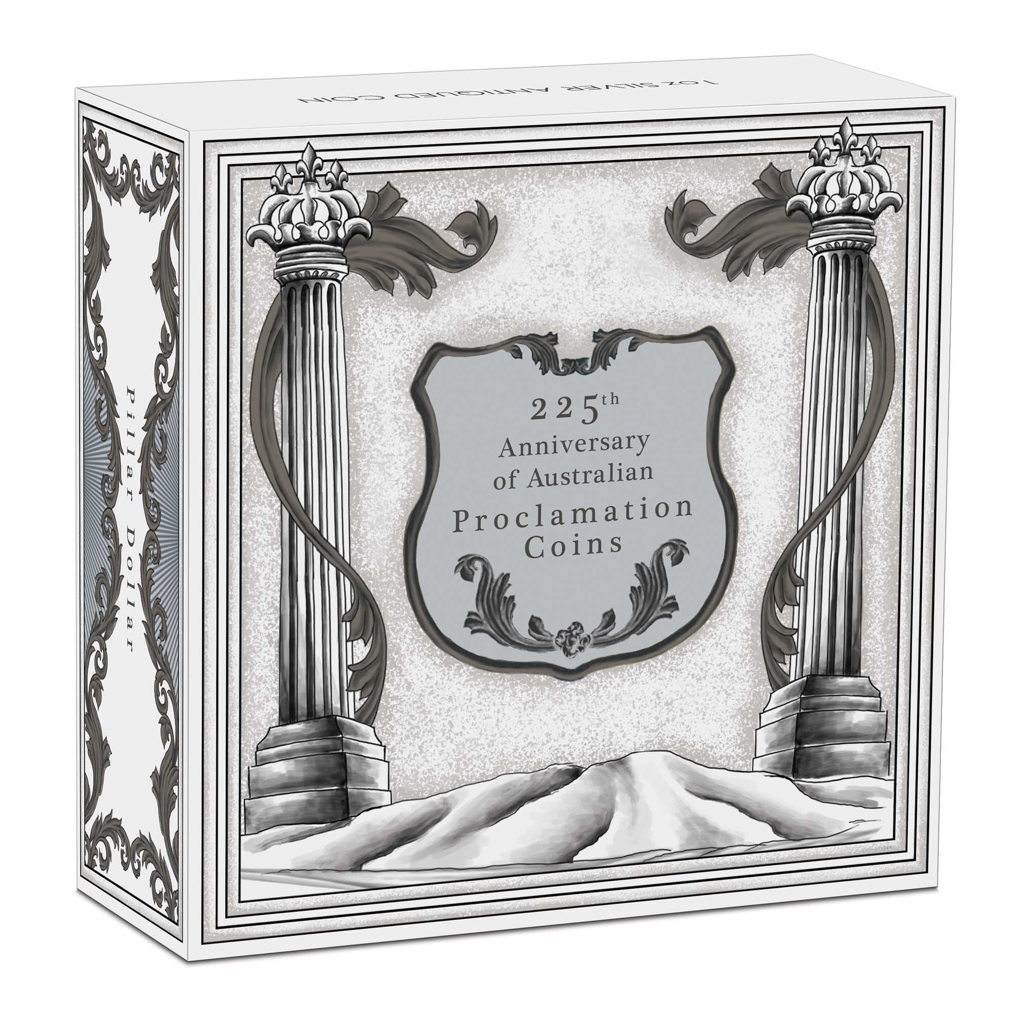 Decorative box with '225th Anniversary of Australian Proclamation Coins' text on a white background