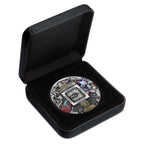 2024 Ancient Chinese Inventions silver five-ounce antiqued coloured coin from The Perth Mint, with intricate designs in a black display case on a white background