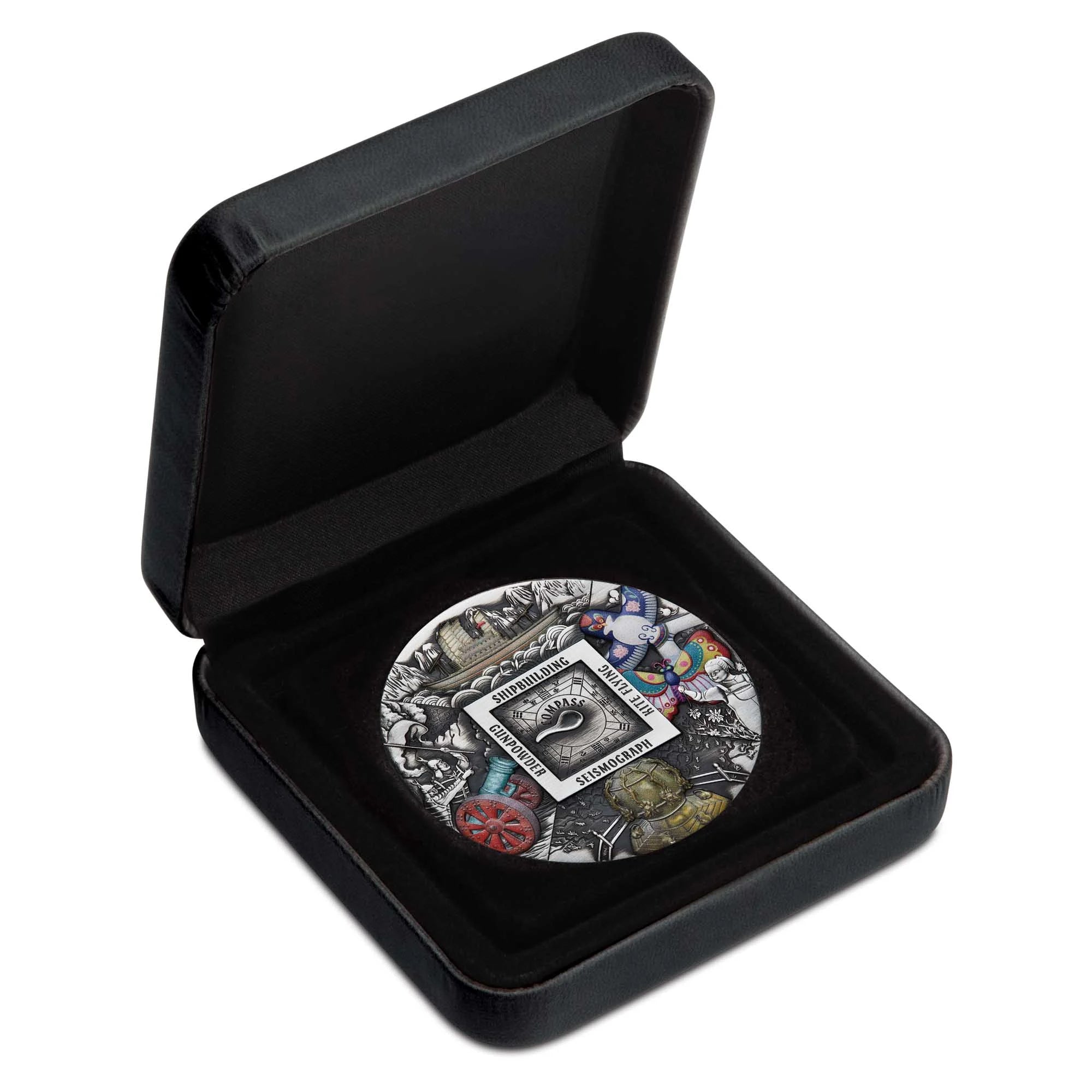2024 Ancient Chinese Inventions silver five-ounce antiqued coloured coin from The Perth Mint, with intricate designs in a black display case on a white background