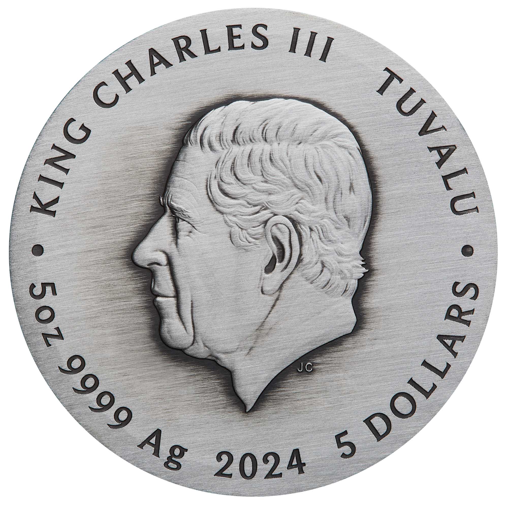 2024 Ancient Chinese Inventions silver five-ounce antiqued-coloured coin from The Perth Mint, featuring a profile of a person and engraved text, with King Charles III and Tuvalu.
