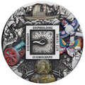 2024 Ancient Chinese Inventions silver five-ounce antiqued coloured coin from The Perth Mint, decorative coin with various symbols and text on a white background