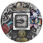 2024 Ancient Chinese Inventions silver five-ounce antiqued coloured coin from The Perth Mint, decorative coin with various symbols and text on a white background