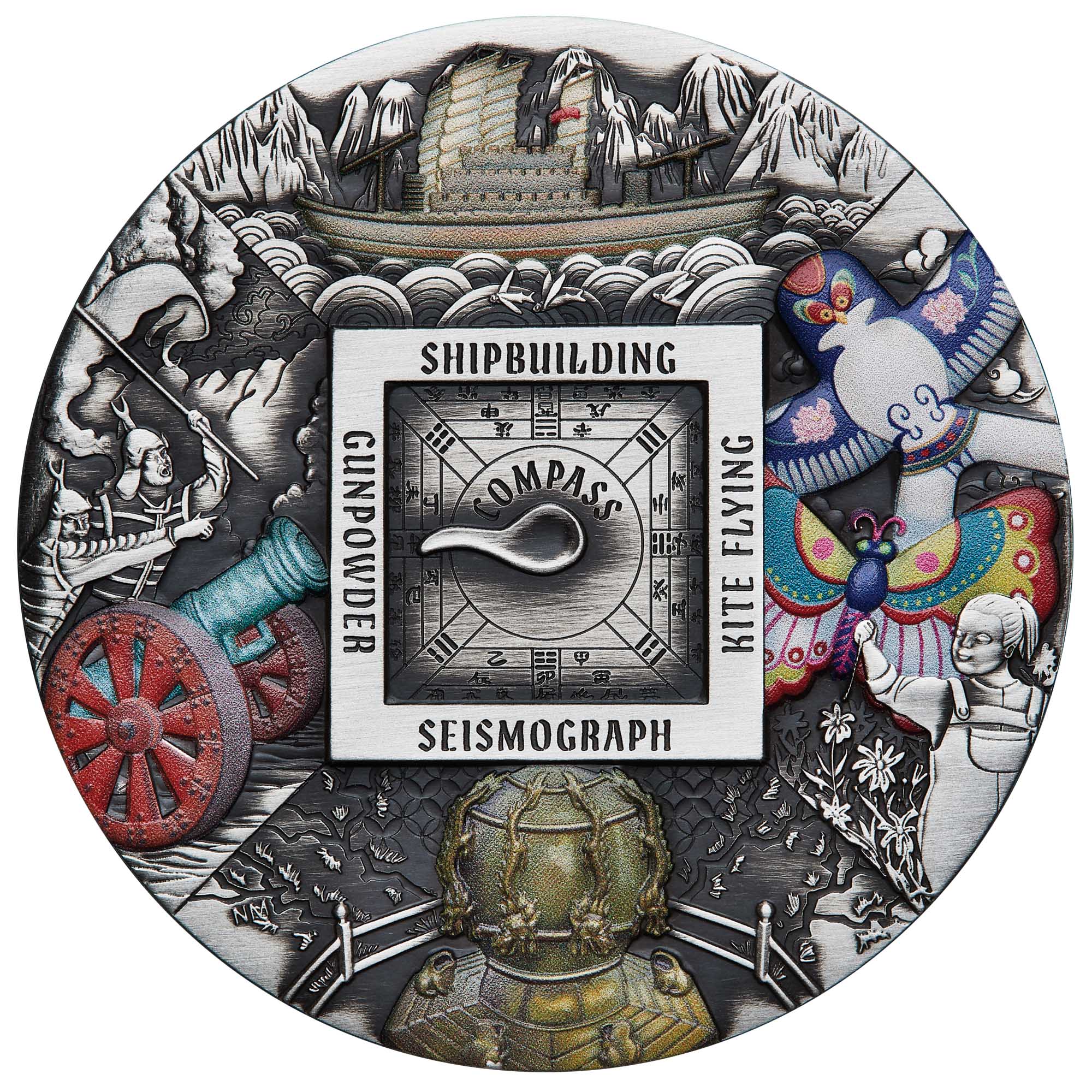 2024 Ancient Chinese Inventions silver five-ounce antiqued coloured coin from The Perth Mint, decorative coin with various symbols and text on a white background