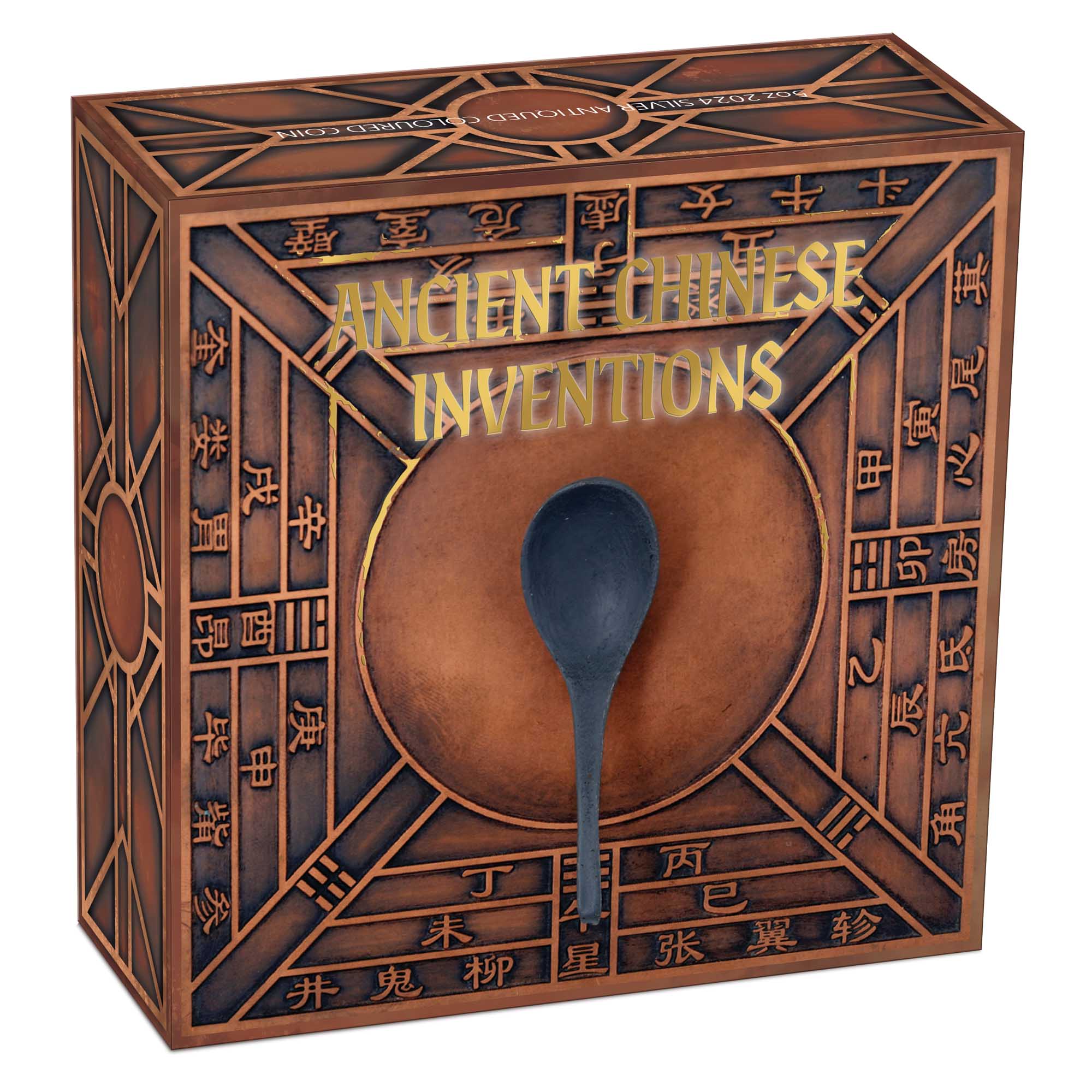 2024 Ancient Chinese Inventions silver five-ounce antiqued coloured coin from The Perth Mint, shipper with 'Ancient Chinese Inventions' text and a spoon illustration on a white background