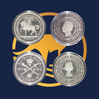 2011 Australian Commemorative Florin Silver Four-Coin Set from The Perth Mint, reverses and obverses with different designs on a blue and yellow background