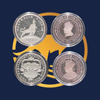 2011 Australian Commemorative Florin Silver Four-Coin Set from The Perth Mint, reverses and obverses with different designs on a blue and yellow circular background