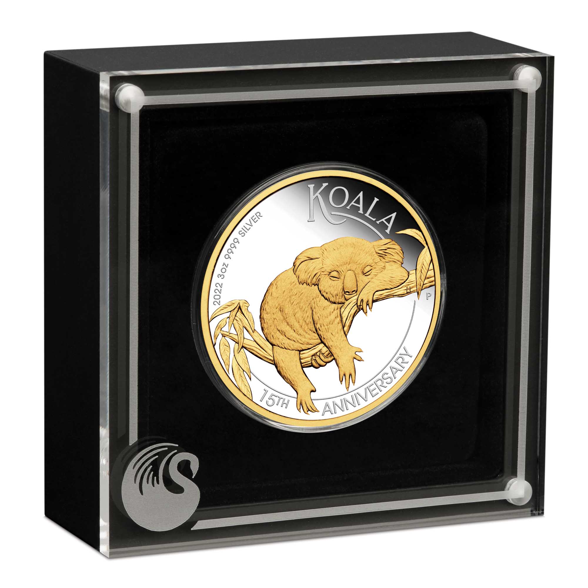 Gold and silver coin featuring a koala in a display case with a black background