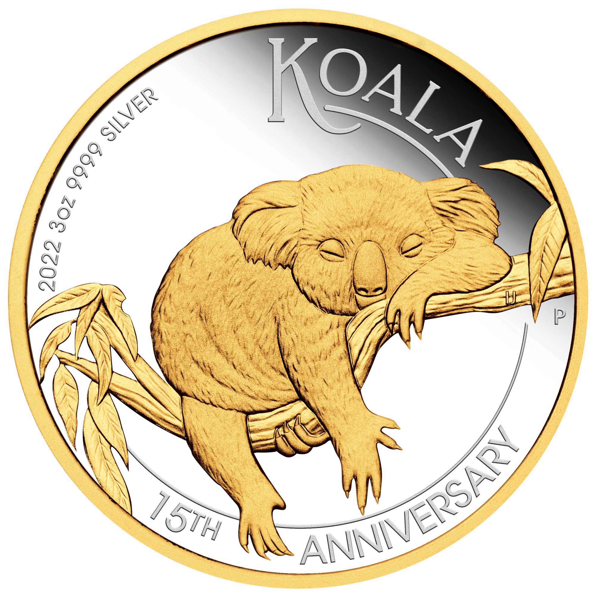 Gold and silver coin featuring a koala with 'Koala' and '15th Anniversary' text.