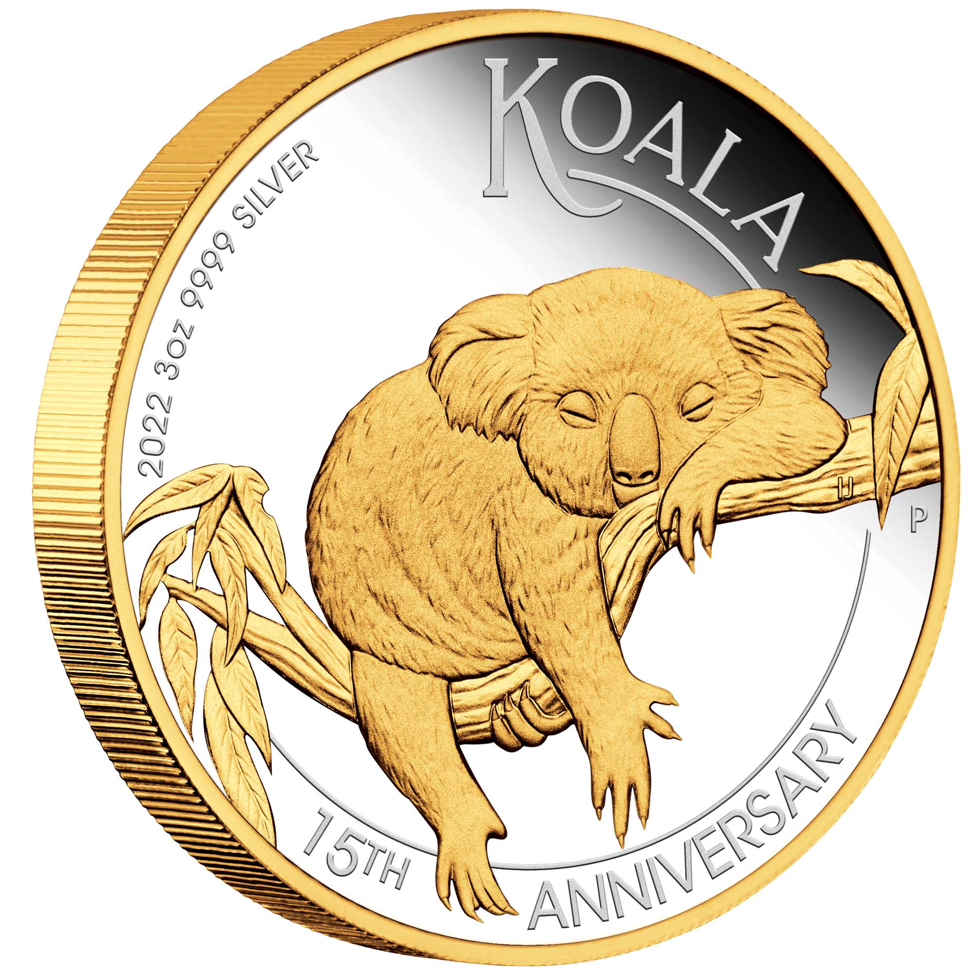 Gold and silver coin featuring a koala with 'Koala' and '15th Anniversary' text.