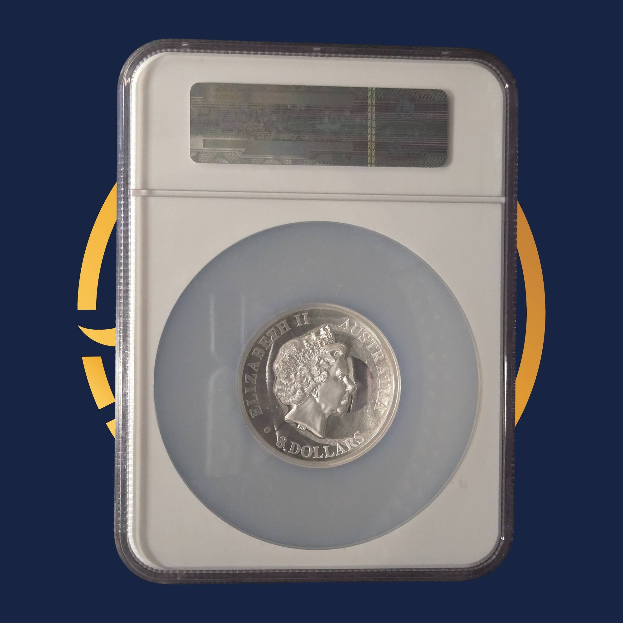 Perth Mint silver coin in a protective NGC graded case on a dark blue background