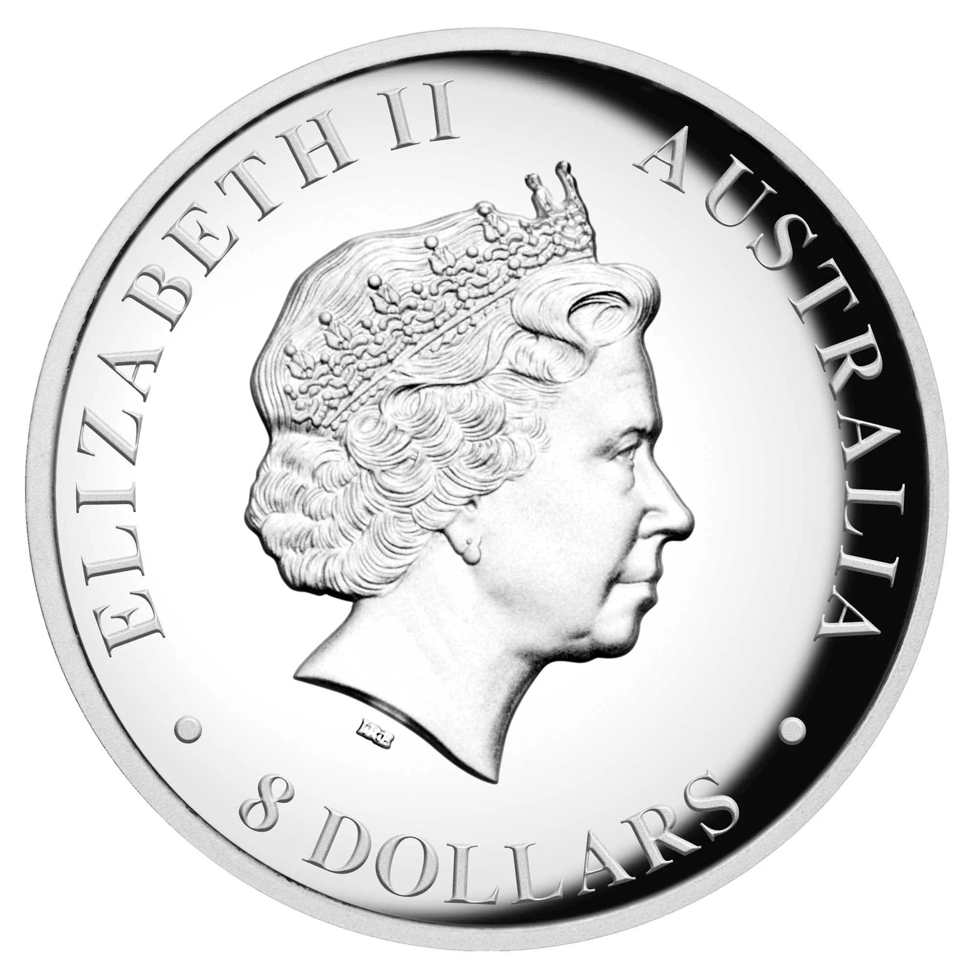 Perth Mint silver coin with profile of a monarch and text 'Elizabeth II Australia 8 Dollars'.