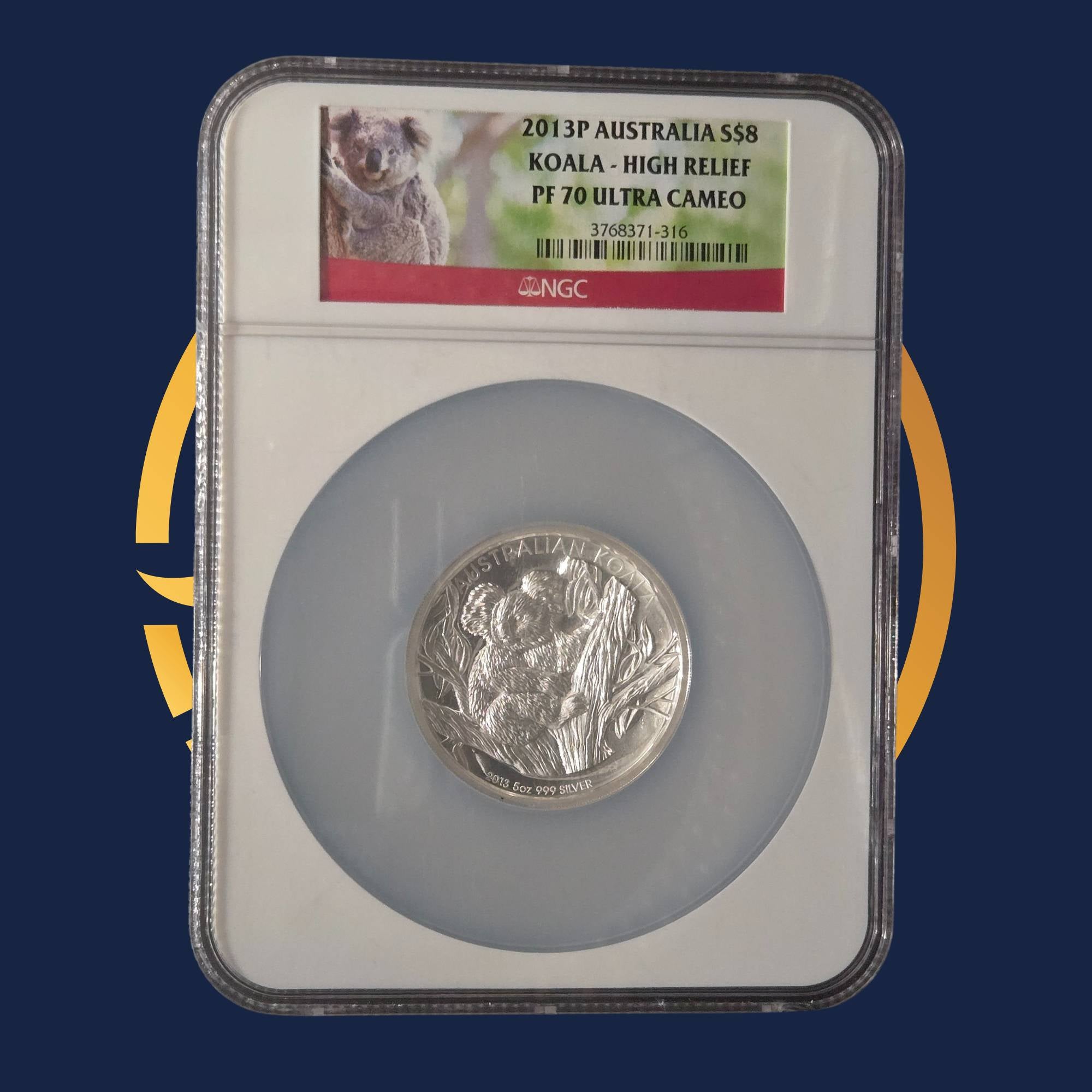 Perth Mint Australian Koala 2013 silver high relief five-ounce coin in a prtective NGC case with text 'PF 70 Ultra Cameo' on a dark blue background