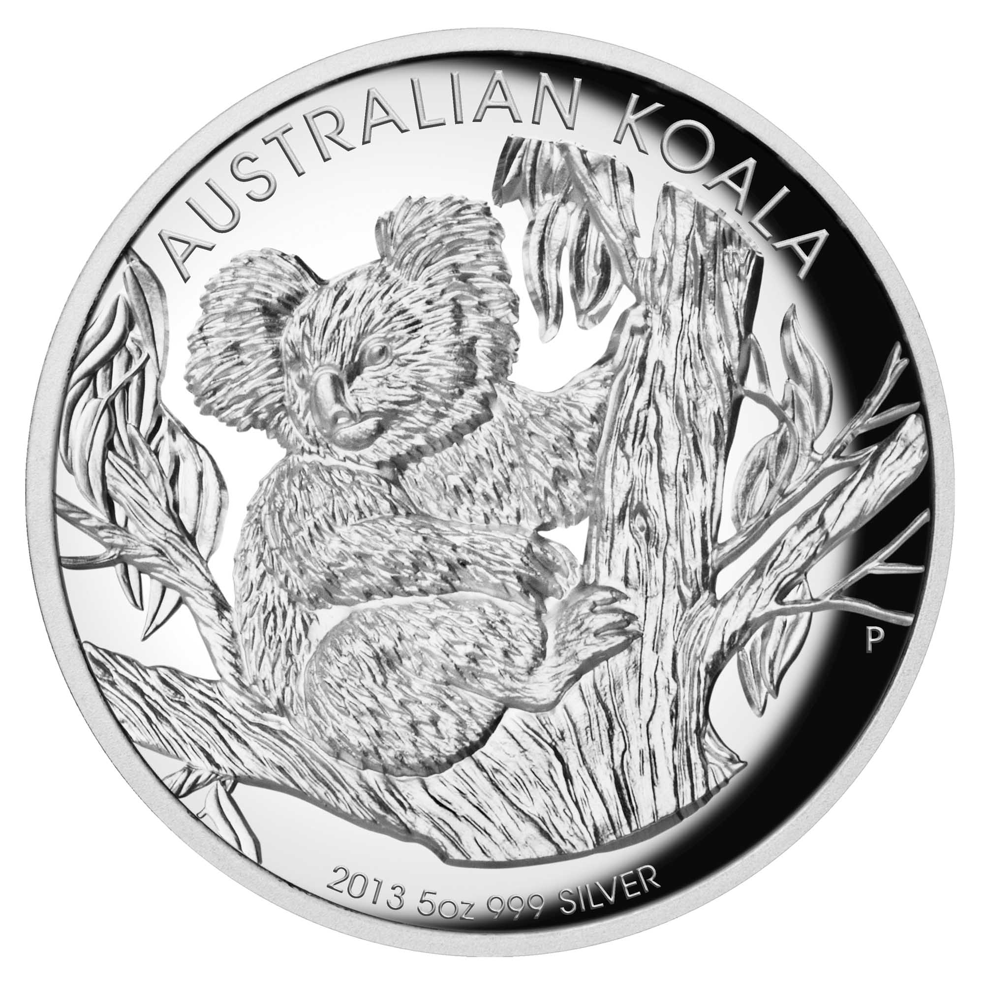 Perth Mint silver coin featuring an Australian Koala design with the text '2013 5oz 999 silver' on a white background.