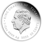 Silver coin featuring King Charles III with text indicating its specifications and origin.