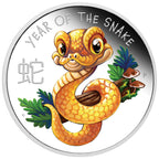 Coin featuring a cartoon snake with 'Year of the Snake' text and Chinese characters on a white background
