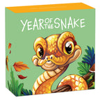 Illustrated box titled 'Year of the Snake' with a cartoon snake illustration on a green background.