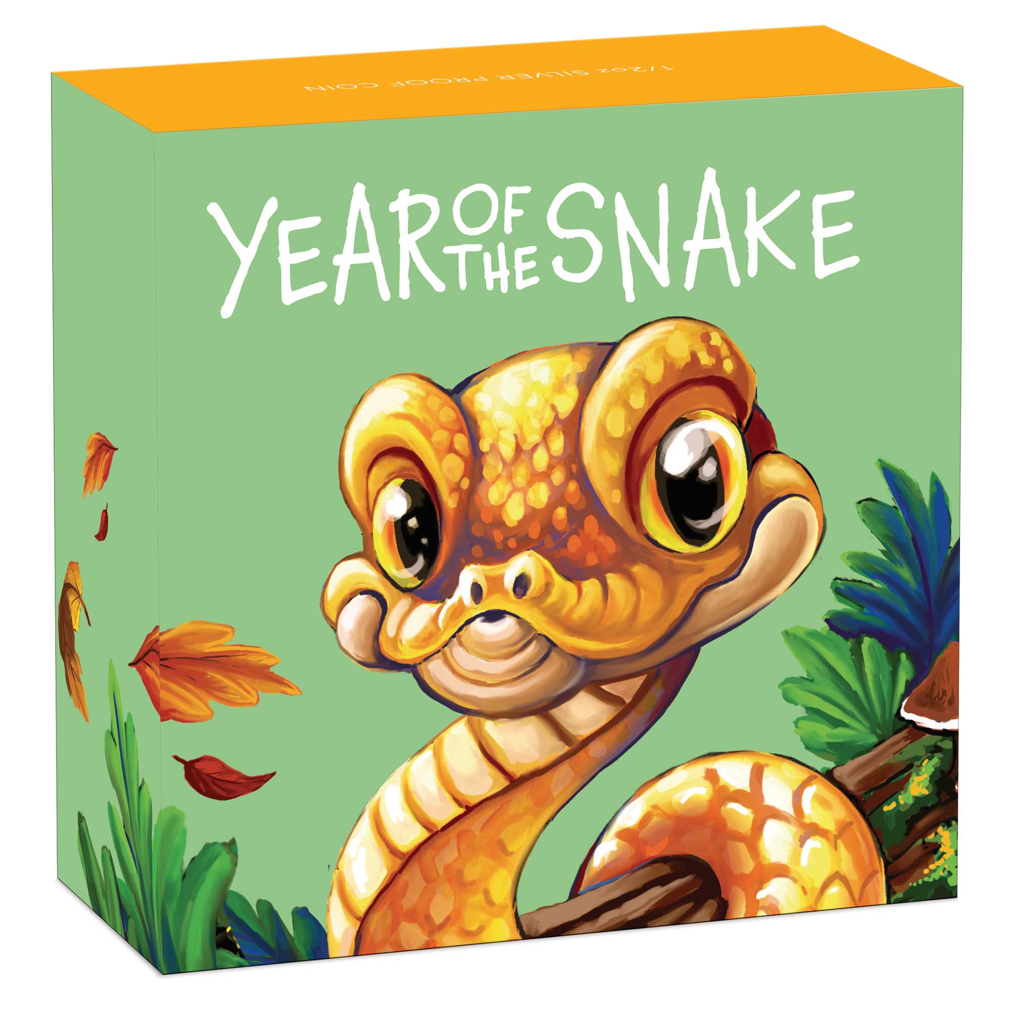 Illustrated box titled 'Year of the Snake' with a cartoon snake illustration on a green background.