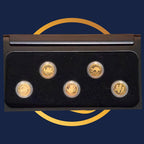 2006 set of five Perth Mint gold coins from the Discovery Australia 2006-2008 series in a black holder on a blue background with a yellow circular design.