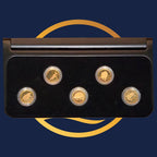 2007 set of five Perth Mint gold coins from the Discovery Australia 2006-2008 series in a black holder on a blue background with a yellow circular design.