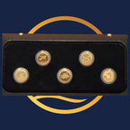 2008 set of five Perth Mint gold coins from the Discovery Australia 2006-2008 series in a black holder on a blue background with a yellow circular design.