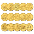 Collection of 15 gold coins from the Perth Mint Discover Australia 2006-2008 series featuring various Australian animals on a white background
