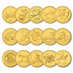 Collection of 15 gold coins from the Perth Mint Discover Australia 2006-2008 series featuring various Australian animals on a white background